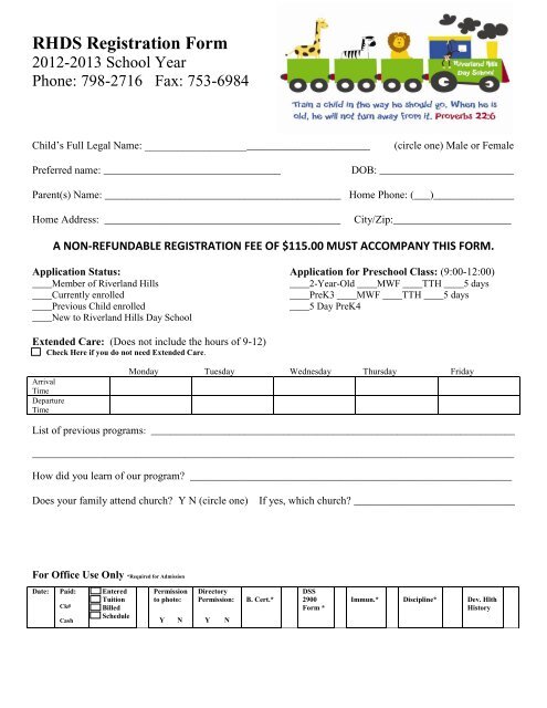 RHDS Registration Form - Riverland Hills Baptist Church