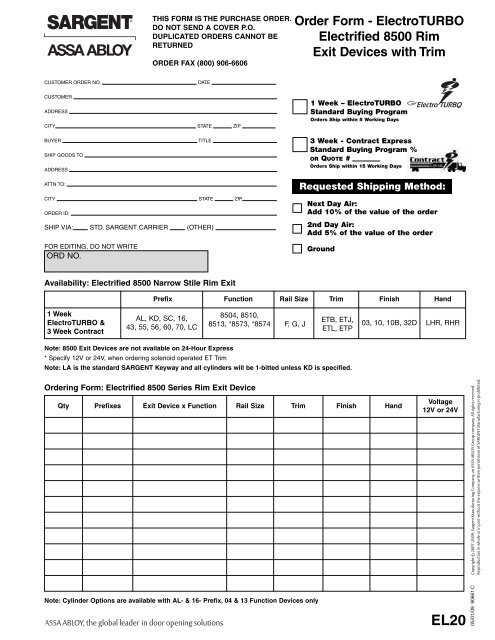 Order Form - Sargent Locks