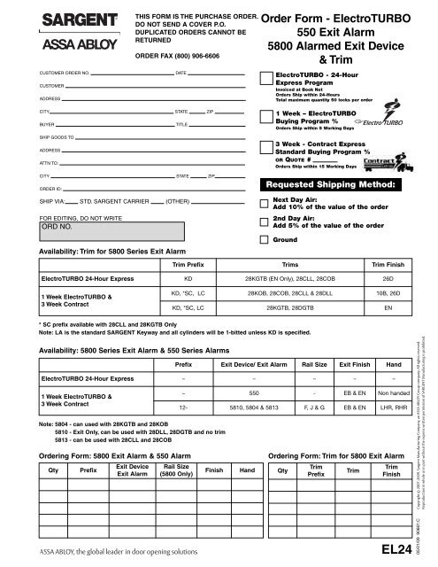 Order Form - Sargent Locks