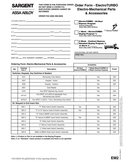 Order Form - Sargent Locks