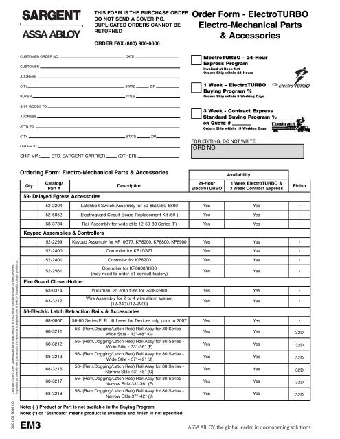 Order Form - Sargent Locks