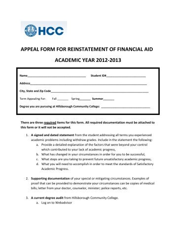 appeal form for reinstatement of financial aid academic year 2012 ...