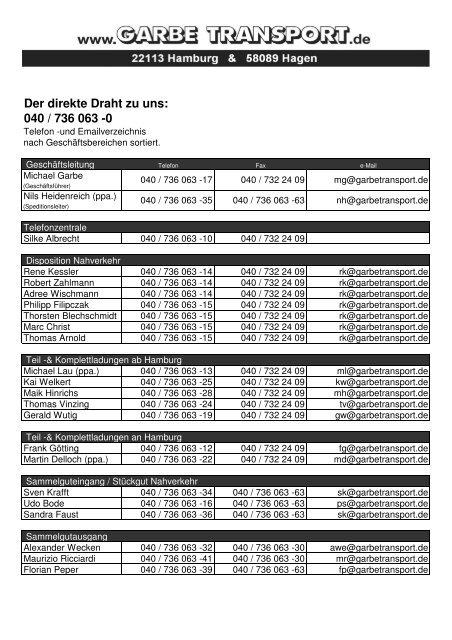 Der Direkte Draht Zu Uns 040 736 063 0 Garbe Transport Gmbh