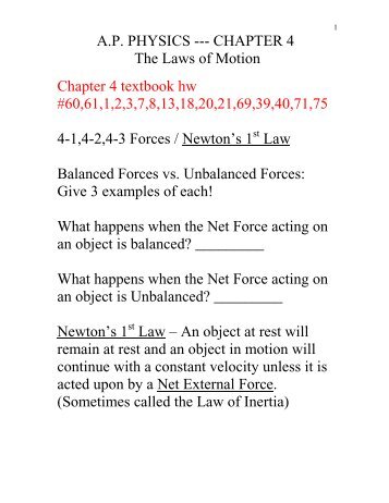 A.P. PHYSICS --- CHAPTER 4 The Laws of Motion Chapter 4 ...