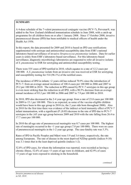 Invasive Pneumococcal Disease in New Zealand, 2010