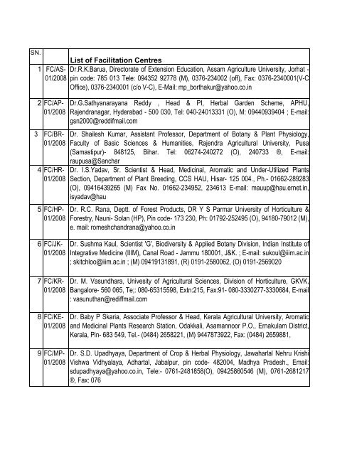 List of Facilitation Centres 1 FC/AS- 01/2008 Dr.R.K.Barua ... - NMPB