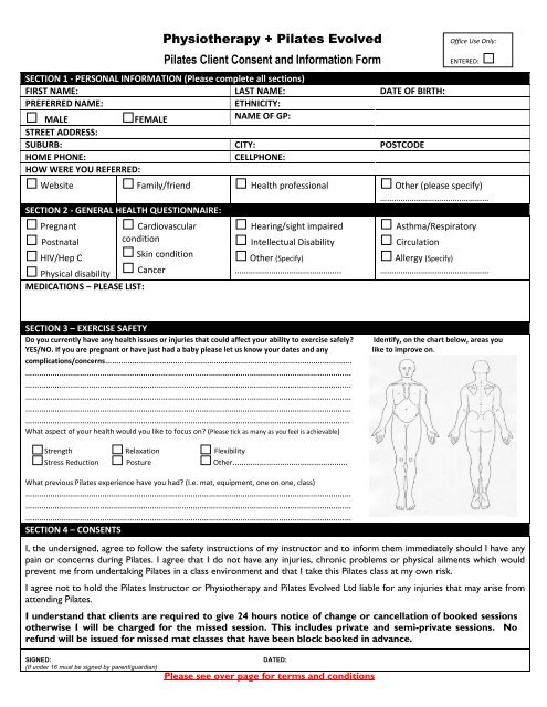 Pilates Consent Form with Terms and Conditions - Physiotherapy ...