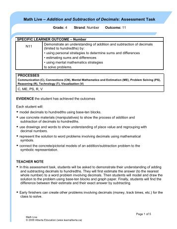 Addition and Subtraction of Decimals ... - LearnAlberta.ca