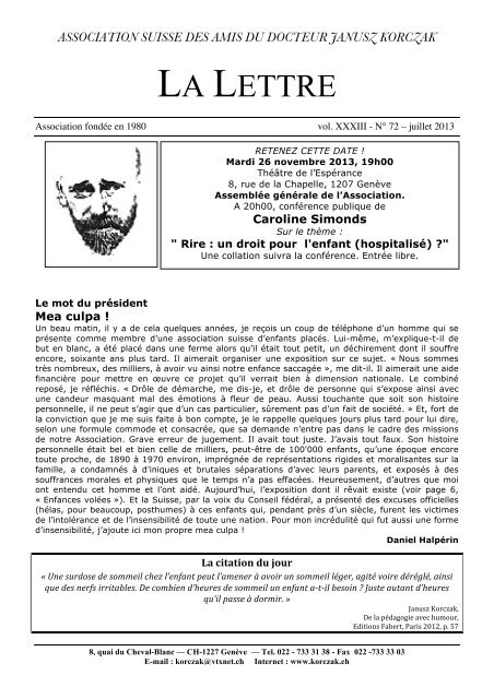 La Lettre nÂ° 72, juillet 2013 - Association suisse des Amis du Dr ...