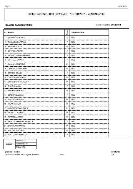 Elenco classi prime As. 2013- 2014 - Liceo Scientifico Giordano Bruno