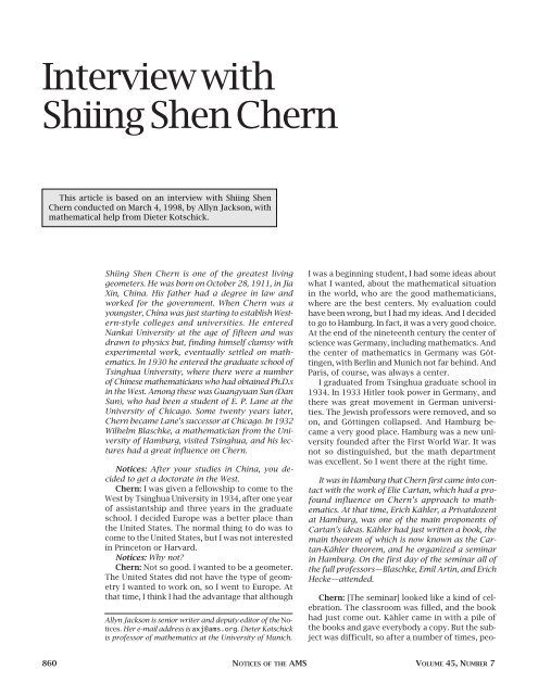 Interview with Shiing Shen Chern American Mathematical Society