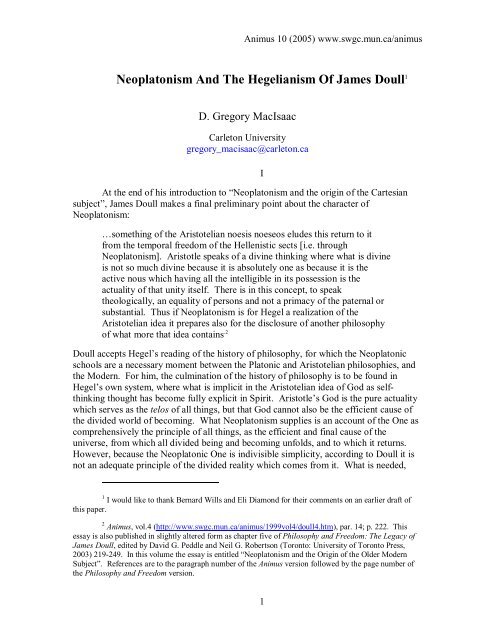 Neoplatonism And The Hegelianism Of James Doull1