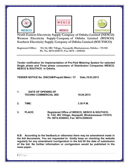 TENDER NOTICE No. DISCOM Prepaid Meter 37 Date WESCO