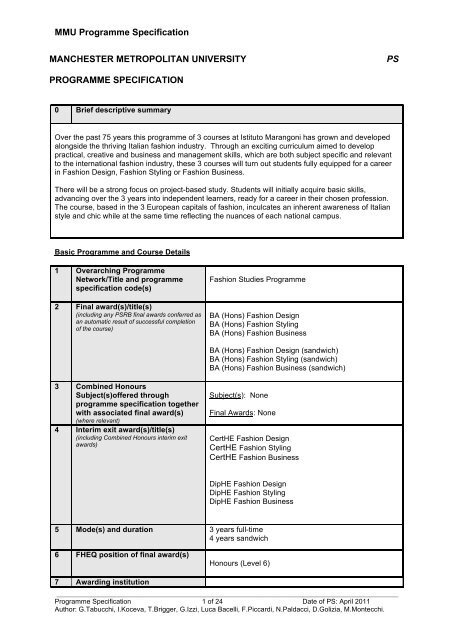 MMU Programme Specification MANCHESTER ... - Istituto Marangoni