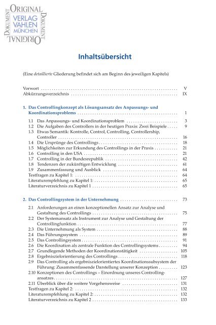 Controlling - Horváth, Inhaltsverzeichnis