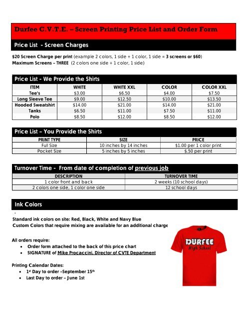 Durfee C.V.T.E. â Screen Printing Price List and Order Form
