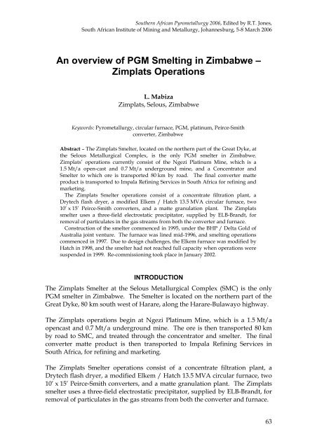 An overview of PGM Smelting in Zimbabwe Ã¢Â€Â“ Zimplats ... - saimm