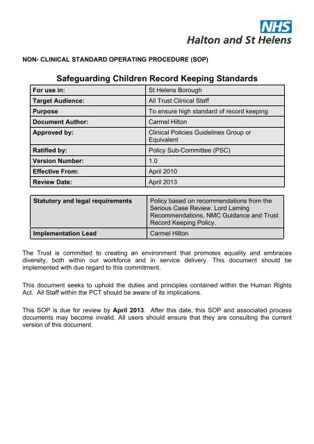 Safeguarding Children Record Keeping Standards - Halton and St ...