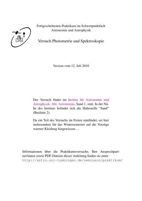 Astrophysikalisches Praktikum fuer Fortgeschrittene: Photometrie ...