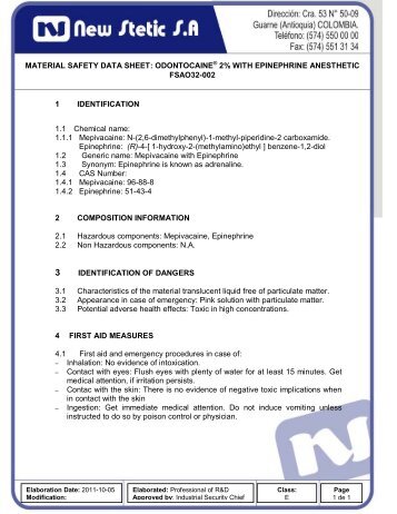 MATERIAL SAFETY DATA SHEET: ODONTOCAINA 2 ... - New Stetic