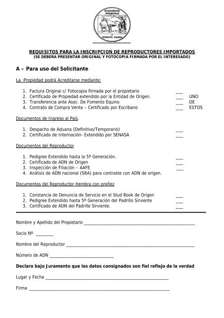 requisitos para la inscripcion de reproductores importados