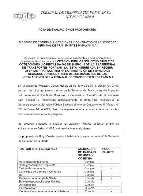 acta de evaluacion de proponentes - terminalpopayan.com