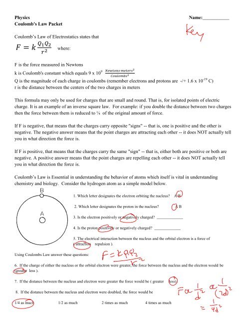 Coulomb's Law Packet Coulomb's Law of Electrostatics states that ...