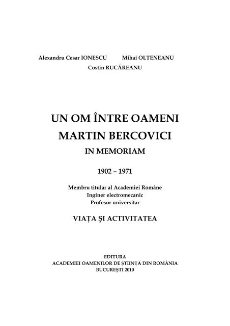 un om Ã®ntre oameni martin bercovici in memoriam 1902 â 1971