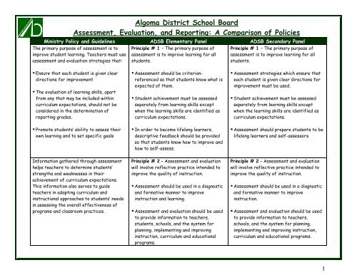 Algoma District School Board Assessment, Evaluation, and Reporting