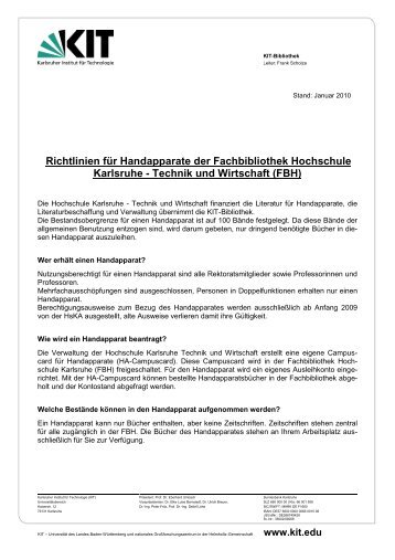 Richtlinien für Handapparate der Fachbibliothek ... - KIT-Bibliothek