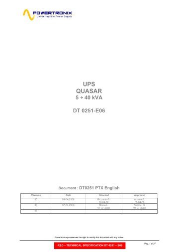 UPS QUASAR 5 ÷ 40 kVA DT 0251-E06 - Tool Store