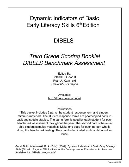 Dynamic Indicators of Basic Early Literacy Skills 6th Edition DIBELS ...