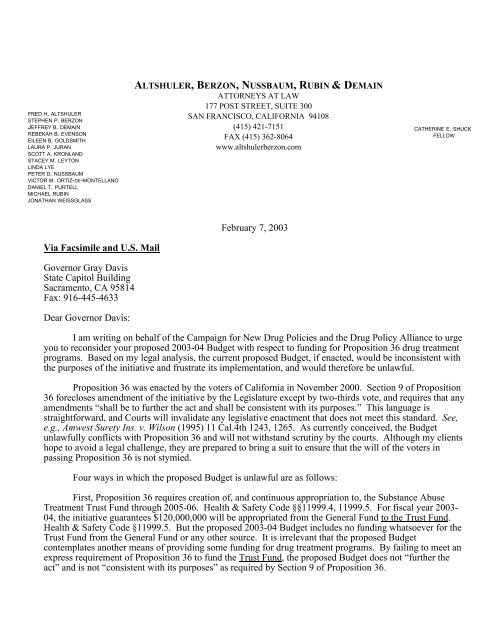 Joint Letter to Gov. Davis, Senate Pres. Burton, Speaker Wesson ...
