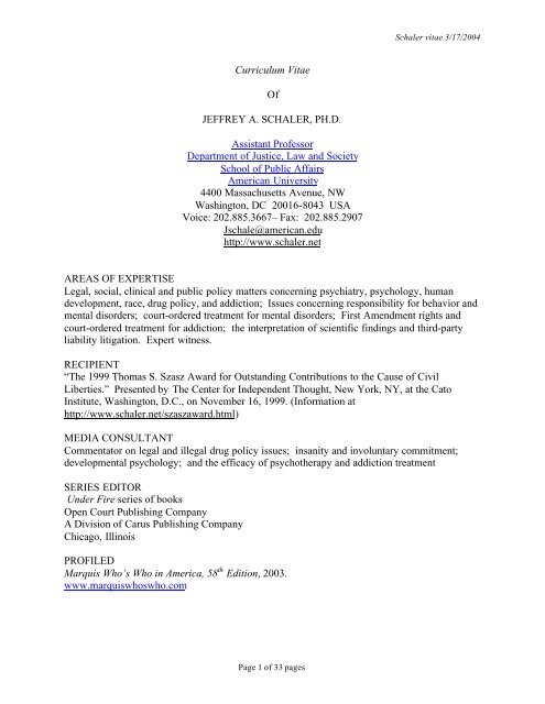 Curriculum Vitae Of JEFFREY A. SCHALER, PH.D. Assistant ...