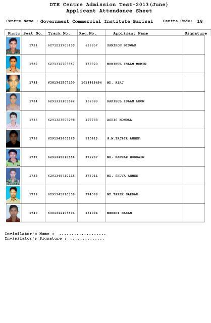 DTE Centre Admission Test-2013(June) Applicant Attendance Sheet