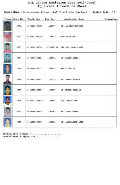 DTE Centre Admission Test-2013(June) Applicant Attendance Sheet