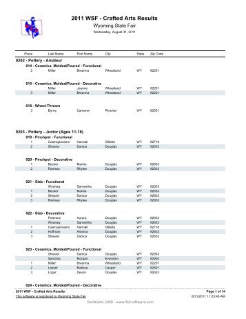 2011 WSF - Crafted Arts Results - Wyoming State Fair and Rodeo