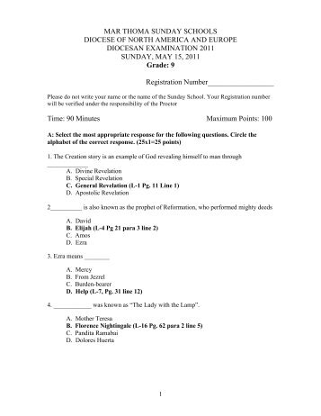 2011 Diocesan Exam Grade 9 Answers - Finalweb