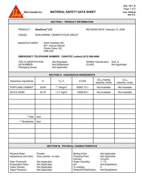 sikagrout 212sr MSDS.pdf - Northland Construction Supplies
