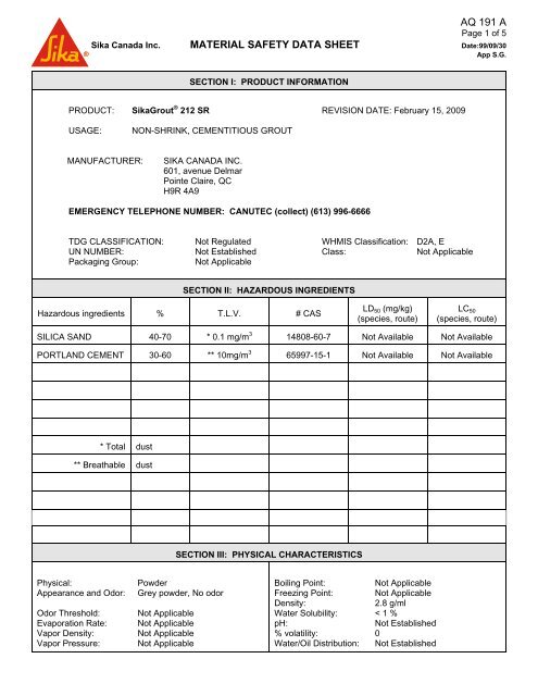 sikagrout 212sr MSDS.pdf - Northland Construction Supplies