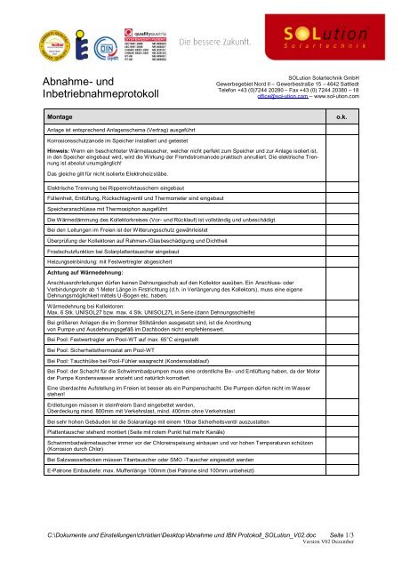 Abnahme- und Inbetriebnahmeprotokoll - Solution Solartechnik GmbH