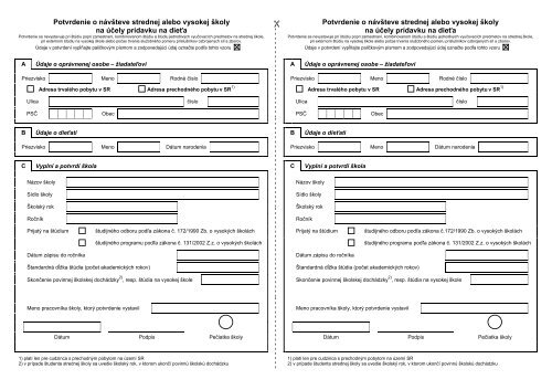 Potvrdenie o návšteve strednej alebo vysokej školy na účely ...