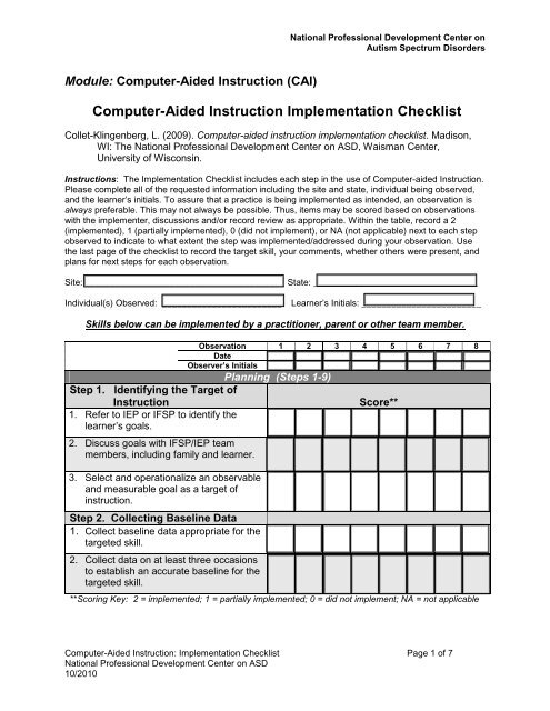 Computer-Aided Instruction Implementation Checklist - National ...