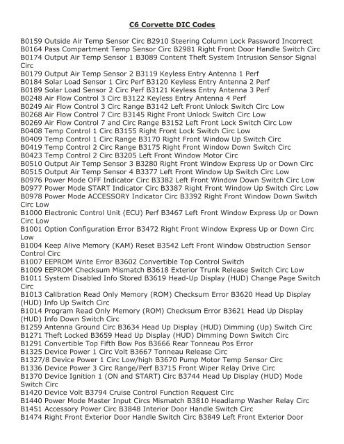 C6 Corvette DIC Codes B0159 Outside Air Temp Sensor Circ B2910 ...