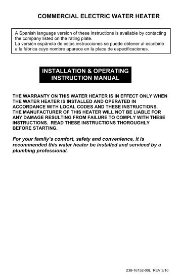 commercial electric water heater installation & operating instruction ...