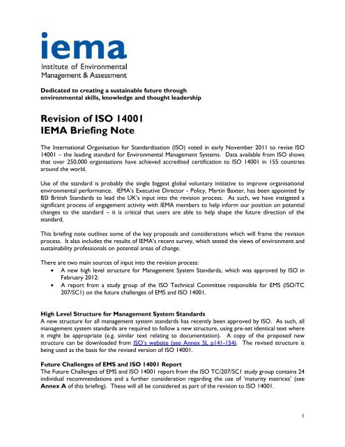 Revision of ISO 14001 IEMA Briefing Note
