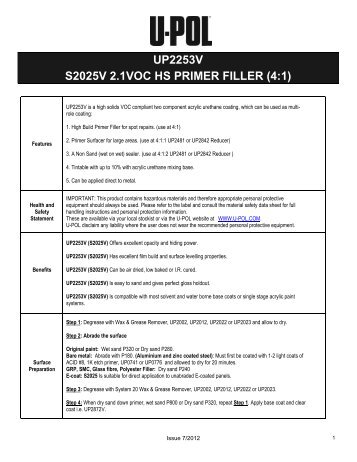 UP2253V S2025V 2.1VOC HS PRIMER FILLER (4:1) - U-Pol