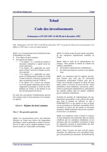 Tchad Code des investissements - IZF