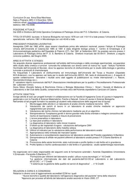 Curriculum Dr.ssa Anna Elisa Marchese. Nata a Prignano (MO) il 3 ...