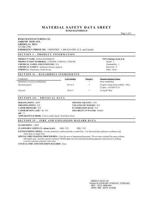 material safety data sheet - Ryko Car Wash Manufacturing Company